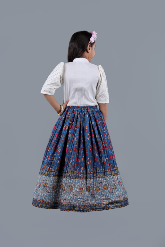 Ivory Embroidered crop top lotas print skirt with attached pouch