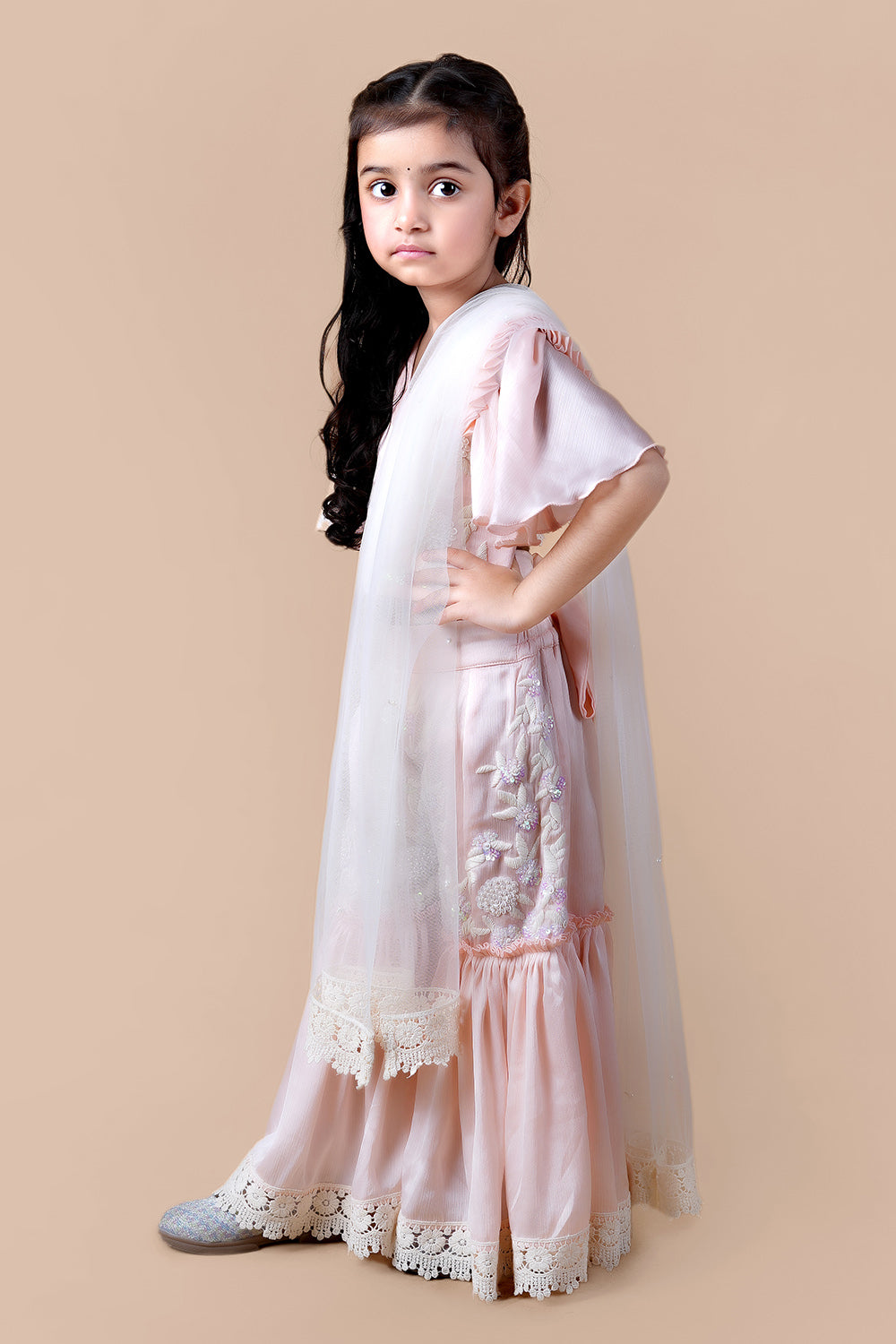 Peaches pink hand embroidered choli sharara with dupatta