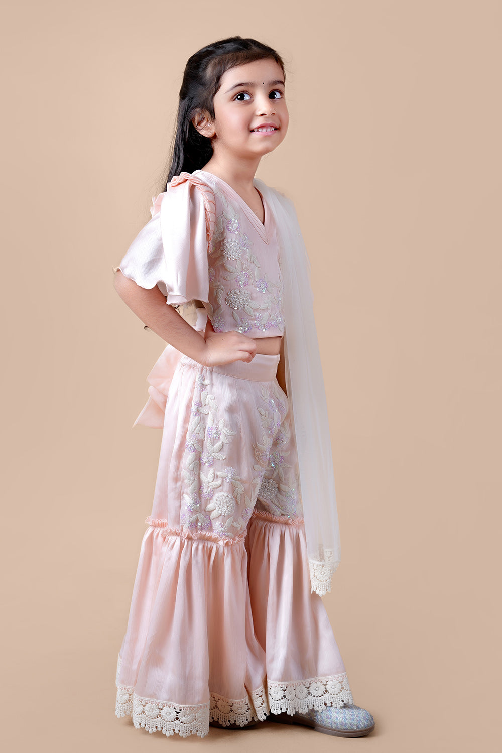 Peaches pink hand embroidered choli sharara with dupatta