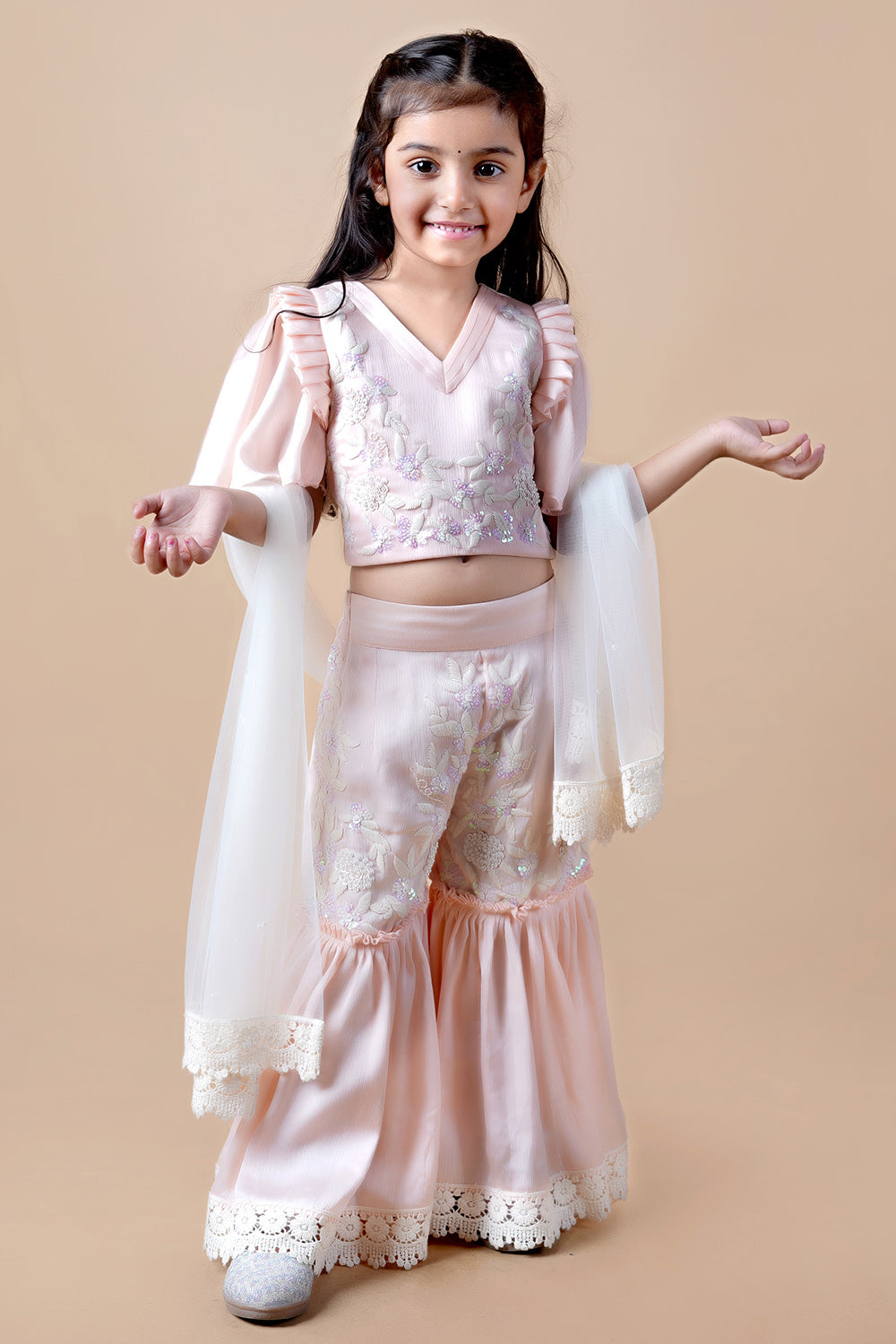 Peaches pink hand embroidered choli sharara with dupatta