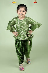 Green Woven Kurta And Dhoti Pant Set For Girls