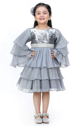 Grey Sequin Embroidered Dress For Girls