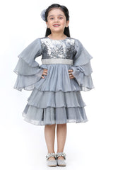 Grey Sequin Embroidered Dress For Girls