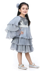 Grey Sequin Embroidered Dress For Girls