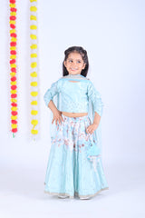 Shining Kanika Gathered sleeves top with flower printed sequence work lehenga-Aqua Blue