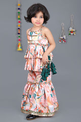 Beutiful leaf print pleated kurti sharara with lace finished dupatta set