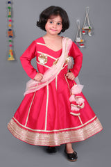 Coral lace work anarkali with peach dupatta