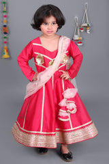 Coral lace work anarkali with peach dupatta