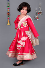 Coral lace work anarkali with peach dupatta