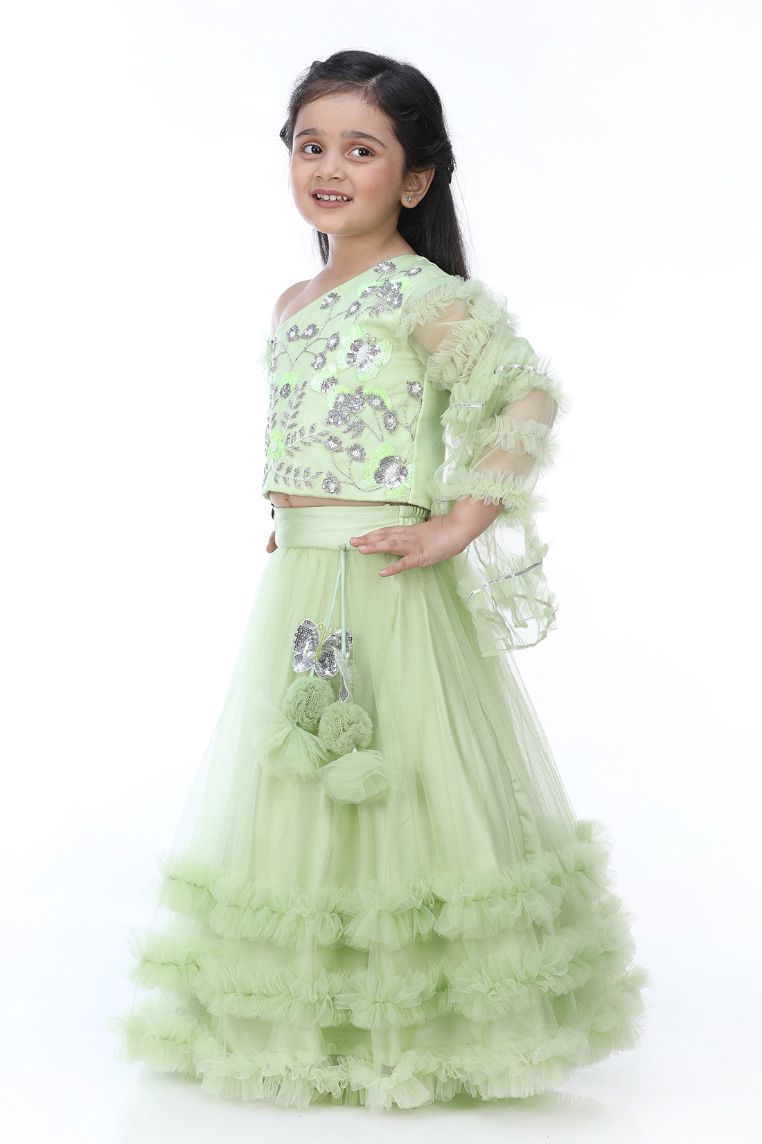 Green One Shoulder Top With Frilly Ghagra And Dupatta