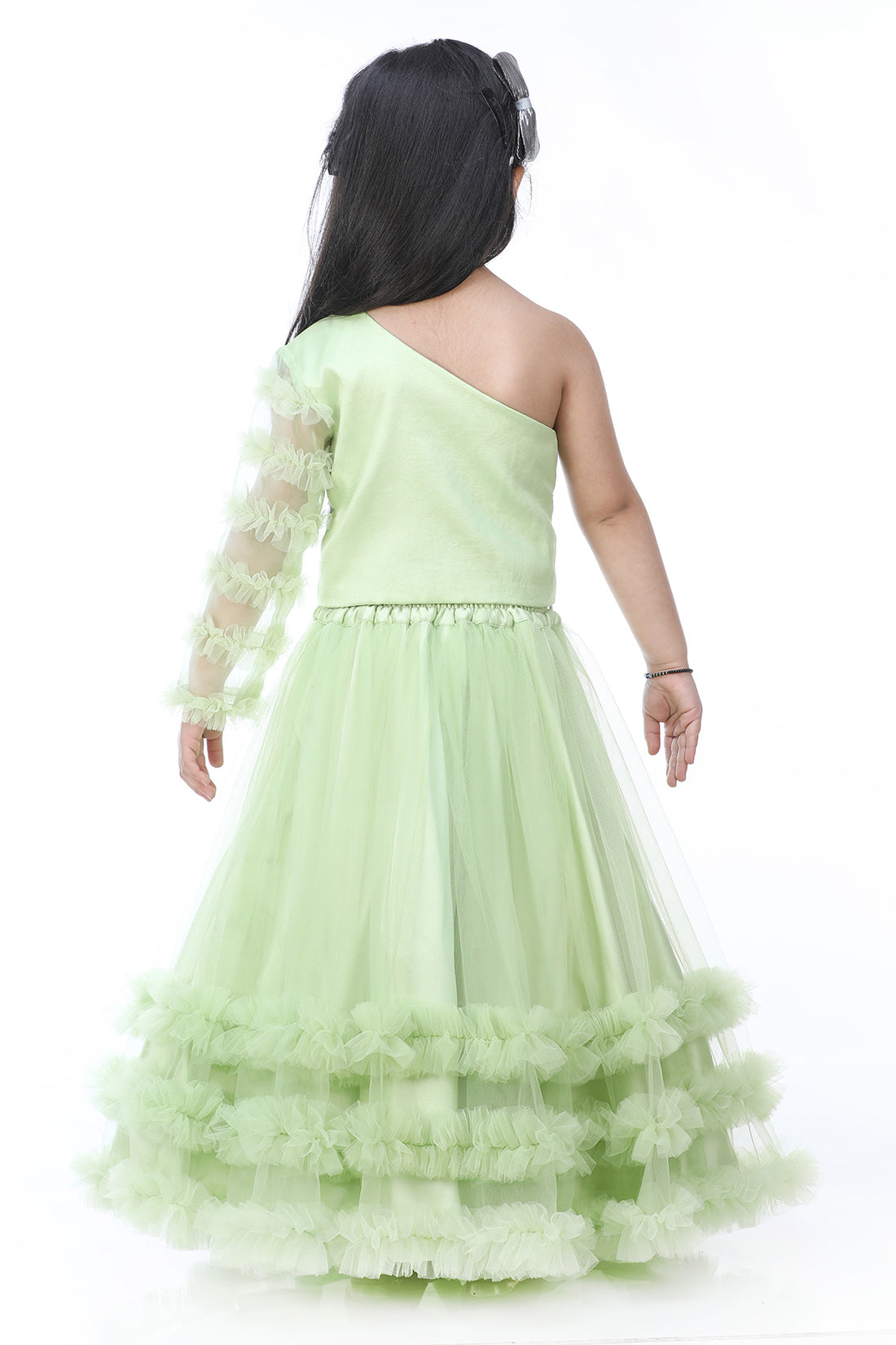 Green One Shoulder Top With Frilly Ghagra And Dupatta