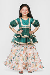 Gota Lace Detailed Dark Green Layered Top And Printed Lehenga