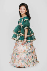 Gota Lace Detailed Dark Green Layered Top And Printed Lehenga
