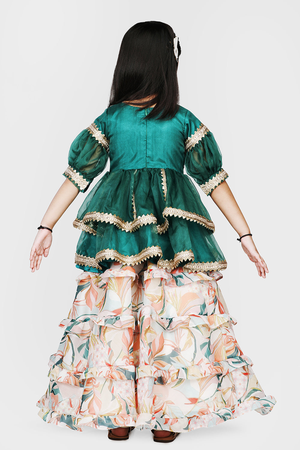 Gota Lace Detailed Dark Green Layered Top And Printed Lehenga