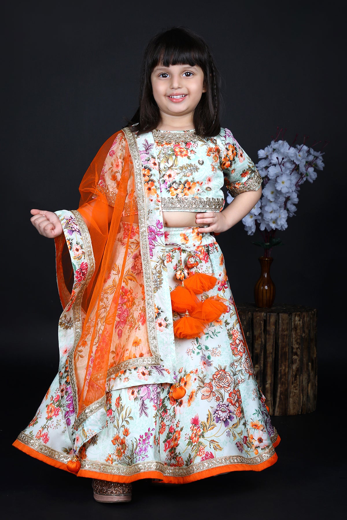 Multi Color Floral Print Lehenga Set For Girls