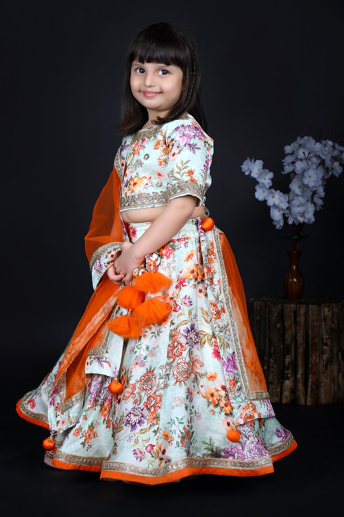 Multi Color Floral Print Lehenga Set For Girls
