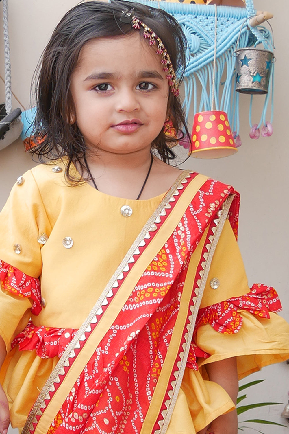 Peplum top or pant with Badhani print saree drape