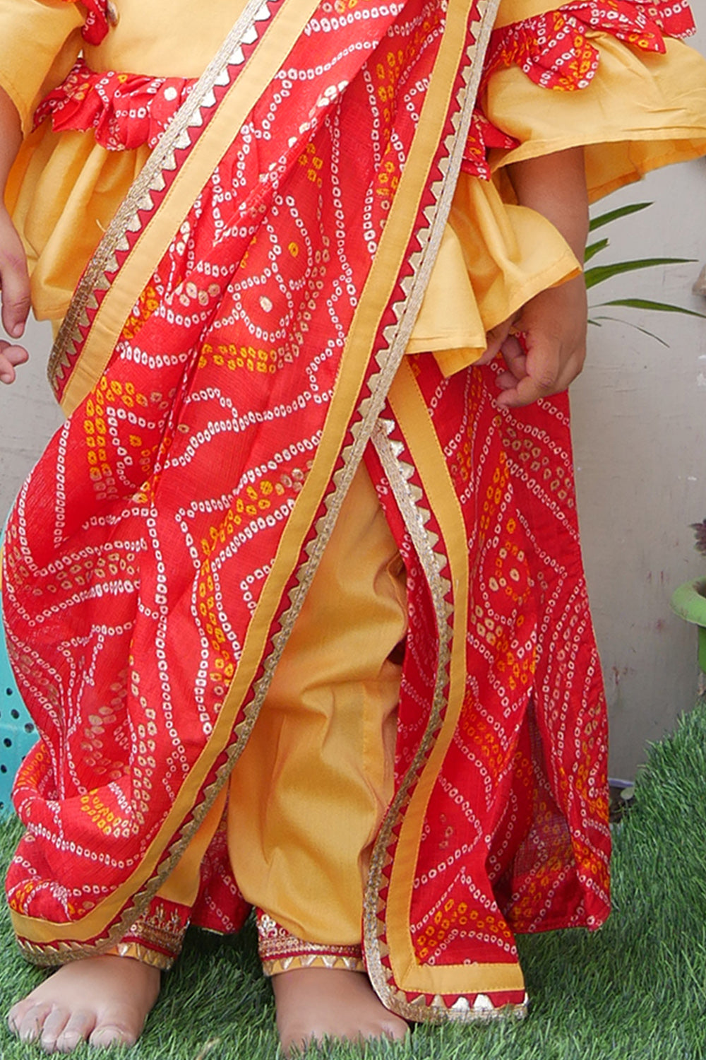 Peplum top or pant with Badhani print saree drape