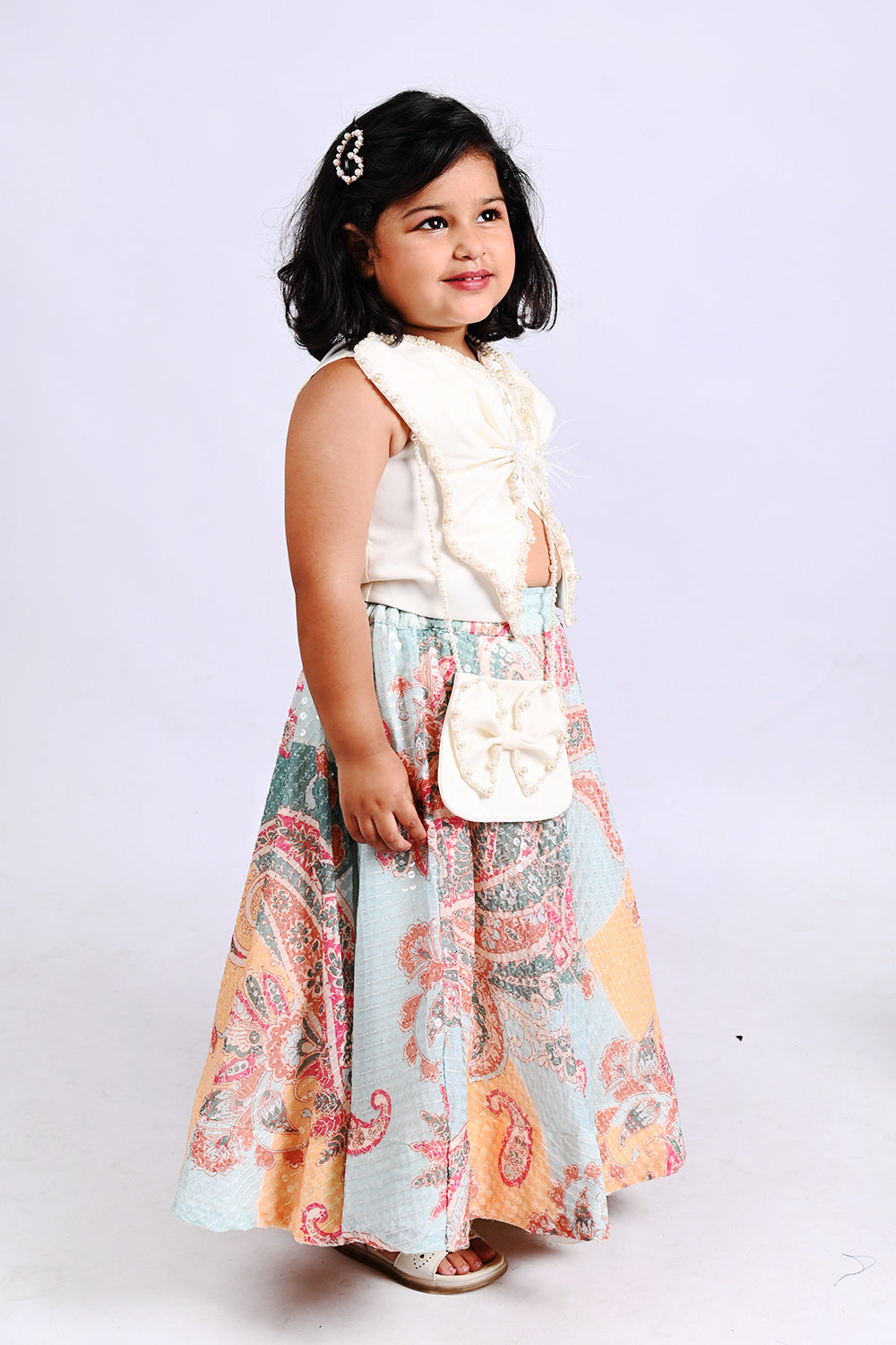 Hand Embroidered Butterfly Top And Sequins Work Lehenga With Bag