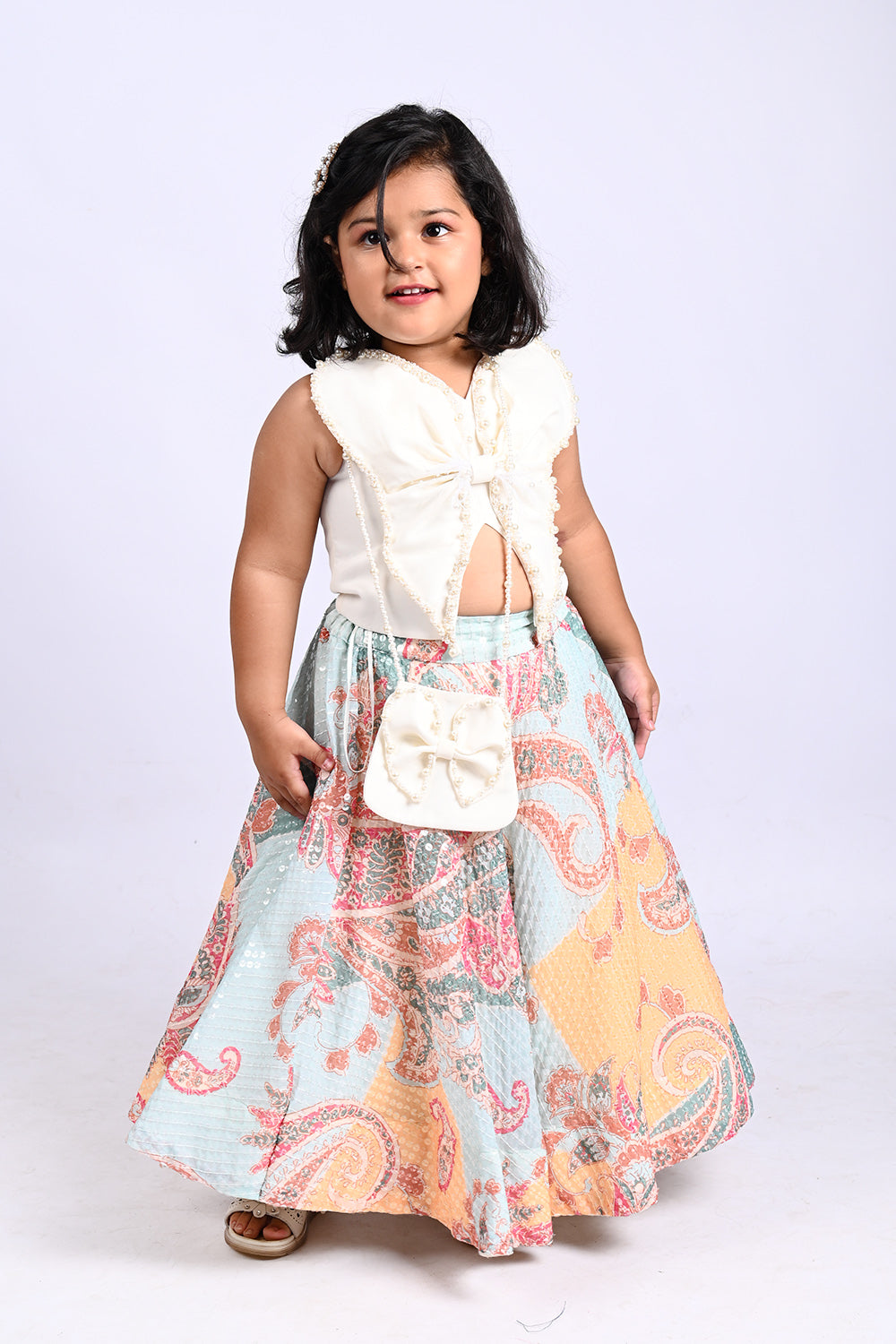 Hand Embroidered Butterfly Top And Sequins Work Lehenga With Bag