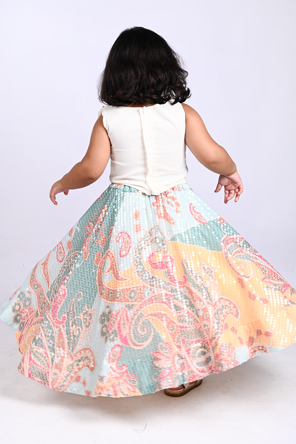 Hand Embroidered Butterfly Top And Sequins Work Lehenga With Bag