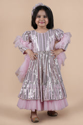 Pink sequance work anarkali with net frill duppatta