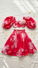 Red printed balloon sleeves top and printed lehenga