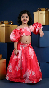 Red printed balloon sleeves top and printed lehenga