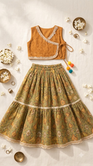 Mustard Gold Choli with Olive Green Printed Lehenga for Girls | Luxury Festive Wear