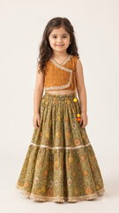 Mustard Gold Choli with Olive Green Printed Lehenga for Girls | Luxury Festive Wear