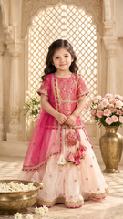 Fuchsia Pink & Peach Zari Work Lehenga Choli with Dupatta & Potli for Girls