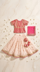 Fuchsia Pink & Peach Zari Work Lehenga Choli with Dupatta & Potli for Girls