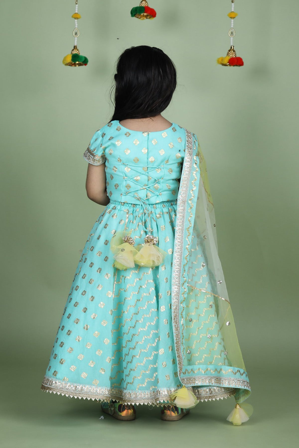 Aqua Floral zari and beads work top with lehenga and dupatta