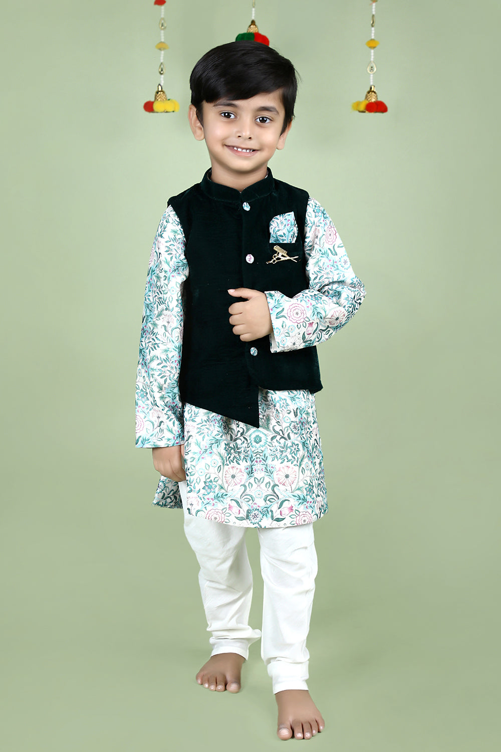 Green printed kurta and velvet jacket with pajama set