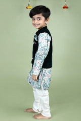 Green printed kurta and velvet jacket with pajama set