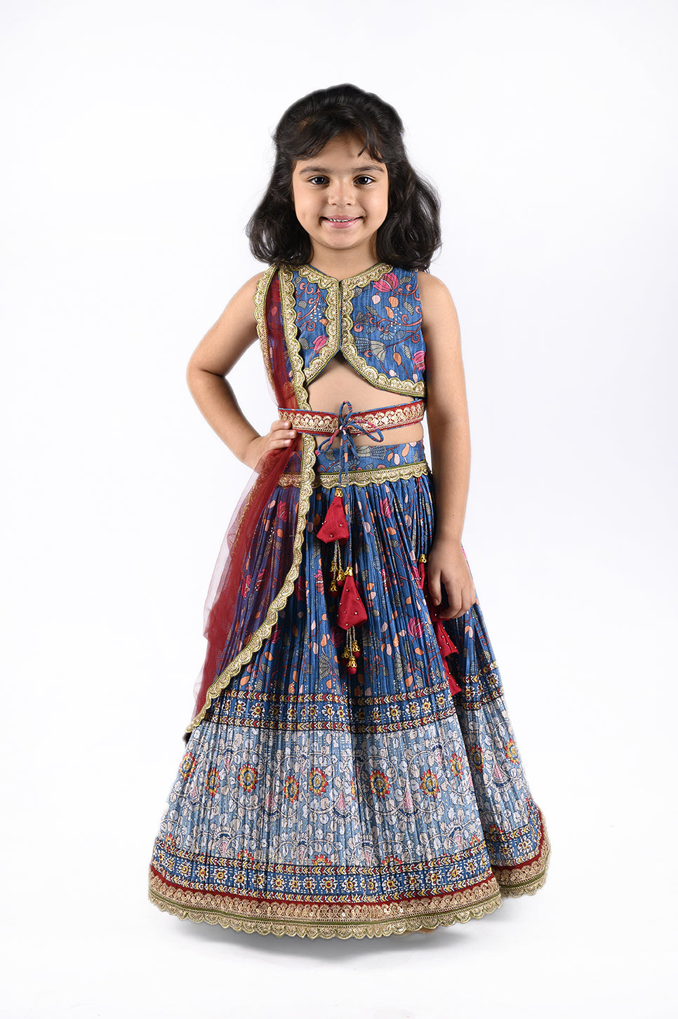 Stylish printed top and lehenga with attached net dupatta