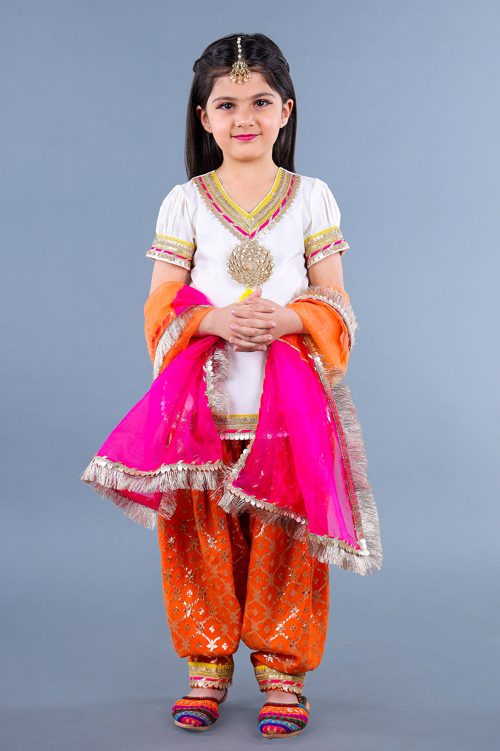 Gota Work Off White Top And Chanderi Embroidered Orange Patiala With Fringes Detailed Attached Dupatta