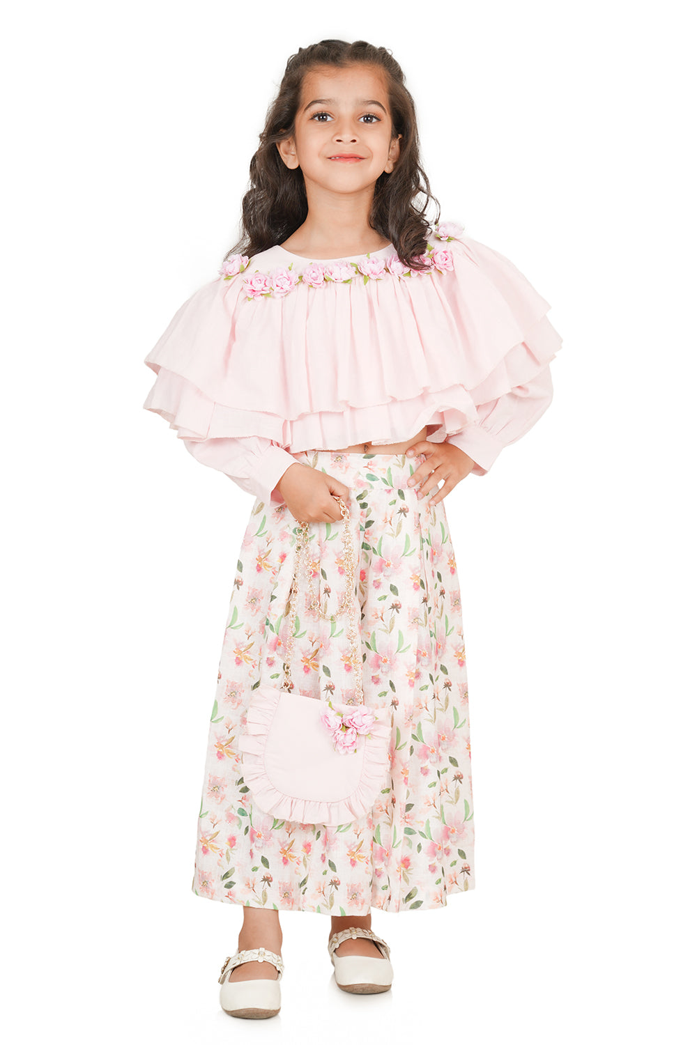 Ruffle Layered Floral Pink Top And Box Pleated Palazzo With Sling Bag