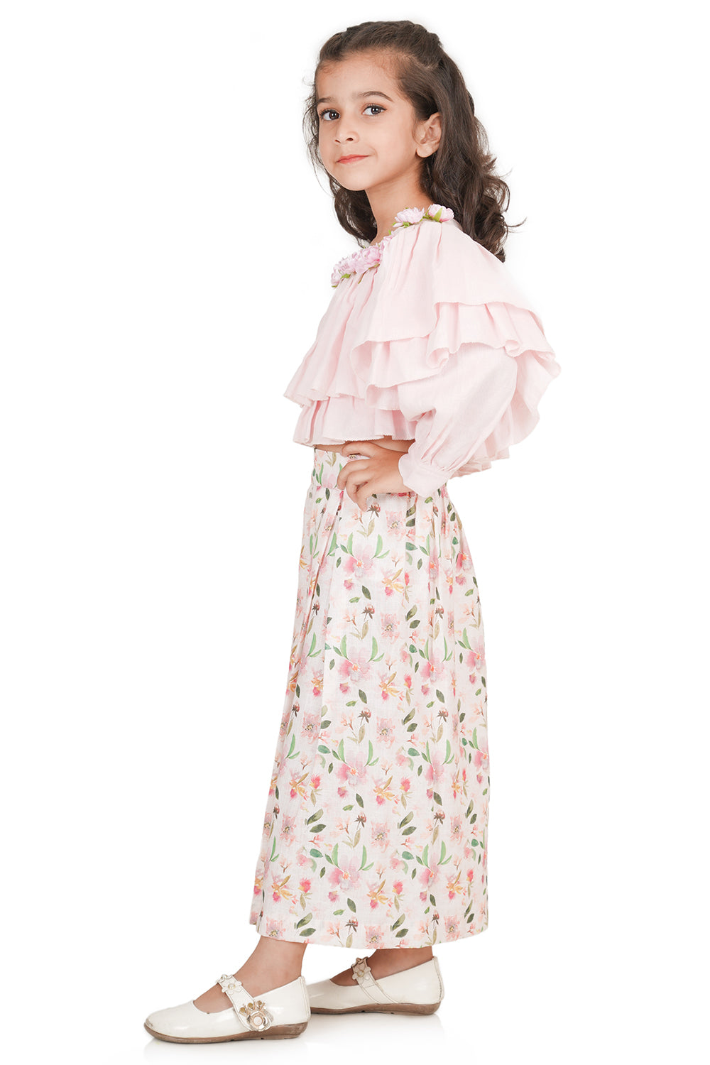 Ruffle Layered Floral Pink Top And Box Pleated Palazzo With Sling Bag