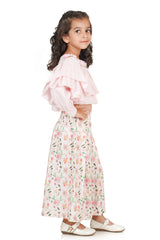 Ruffle Layered Floral Pink Top And Box Pleated Palazzo With Sling Bag