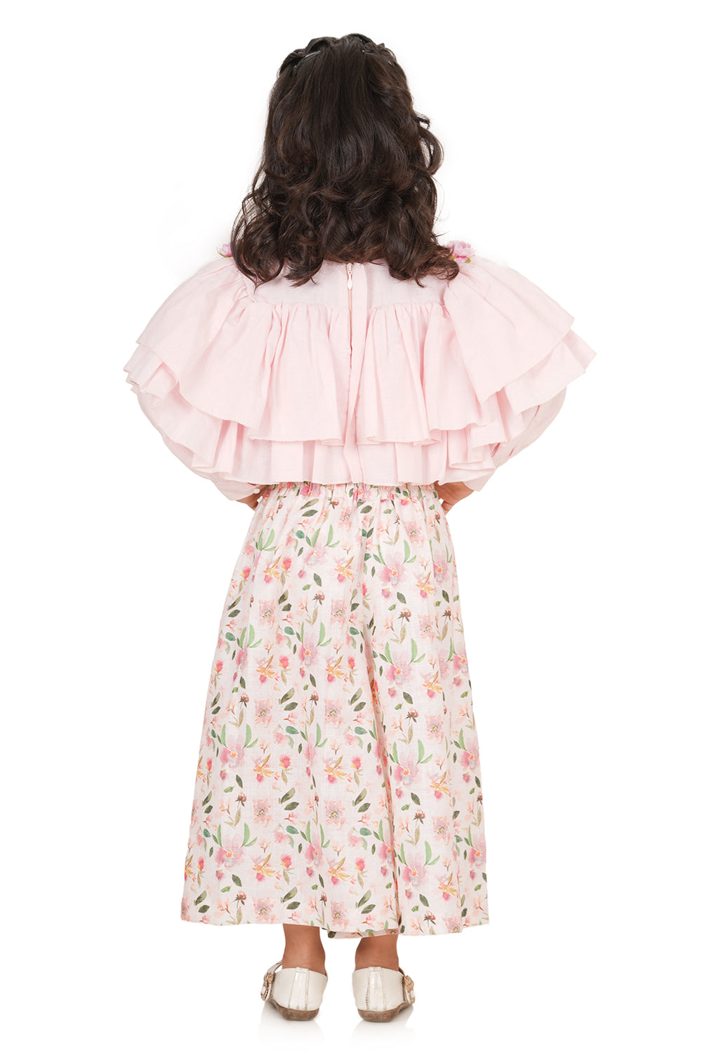 Ruffle Layered Floral Pink Top And Box Pleated Palazzo With Sling Bag