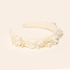 White Fabric Flowers Embroidered Pearly Hair Band