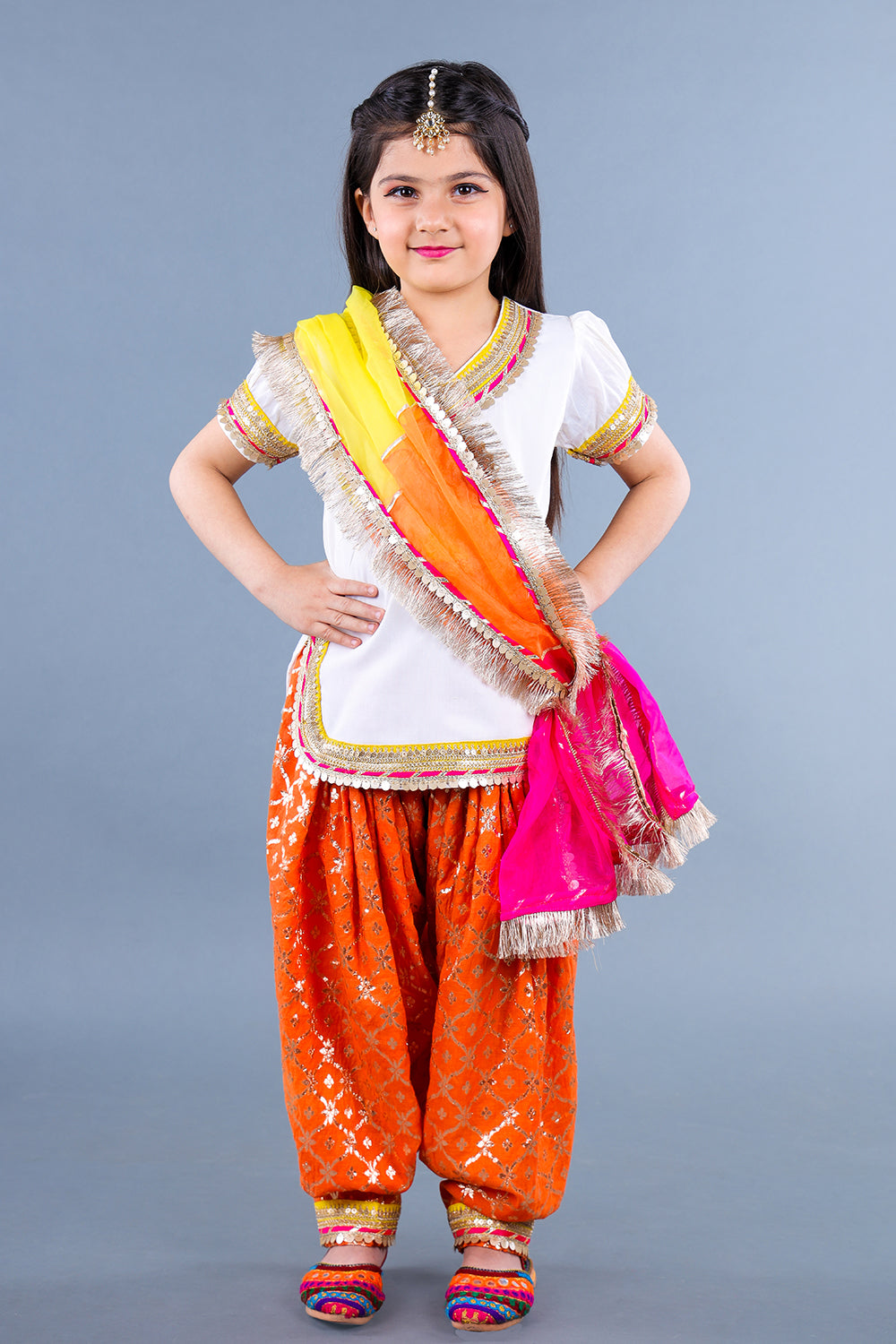 Gota Work Off White Top And Chanderi Embroidered Orange Patiala With Fringes Detailed Attached Dupatta