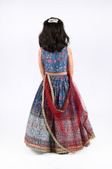 Stylish printed top and lehenga with attached net dupatta