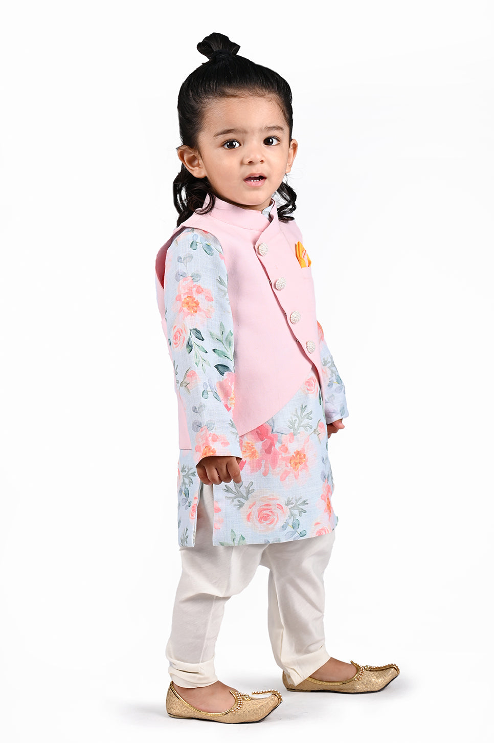 Pink nehru jacket with floral printed kurta and churidar