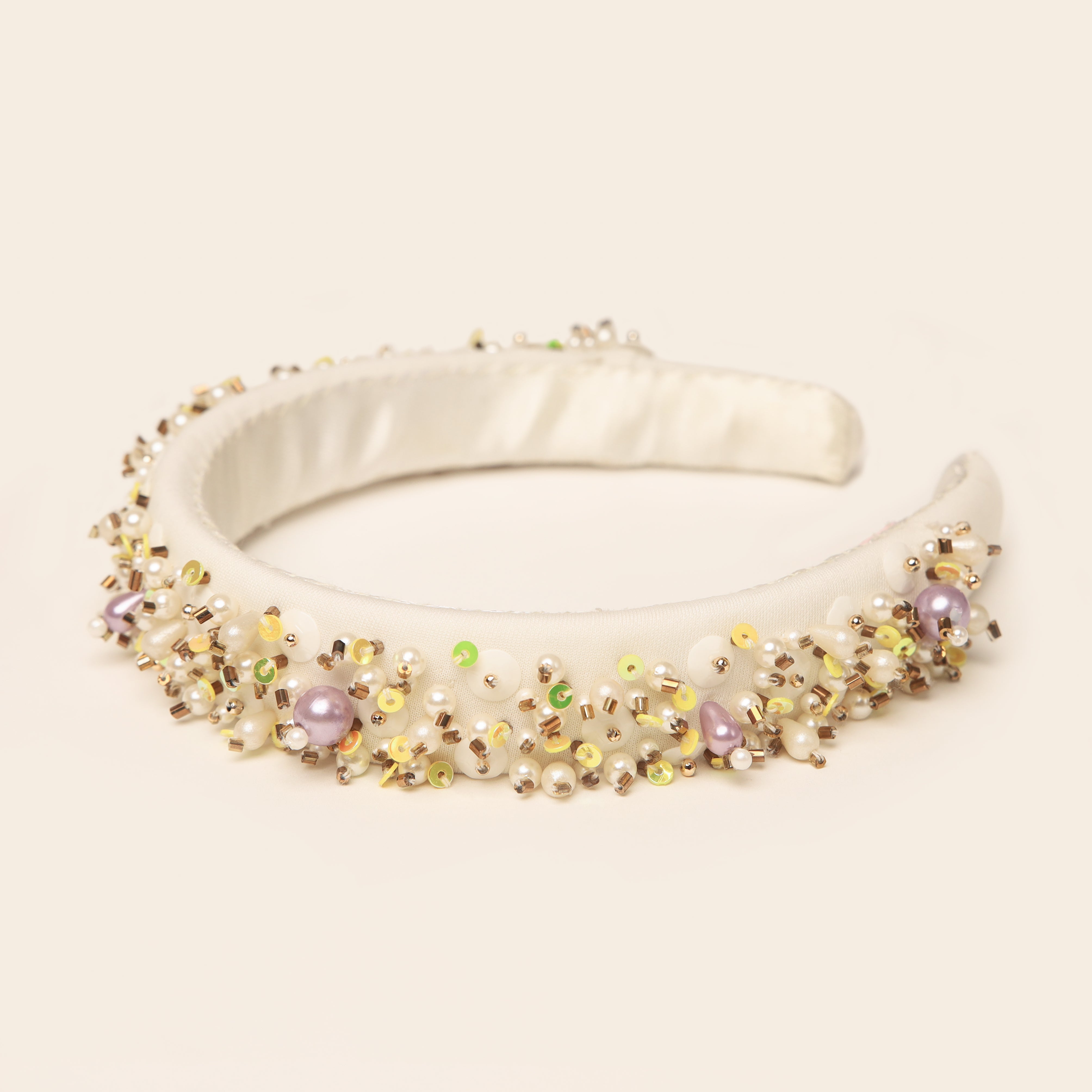 Elegant Pearls And Beads Embellished Off White Hair Band