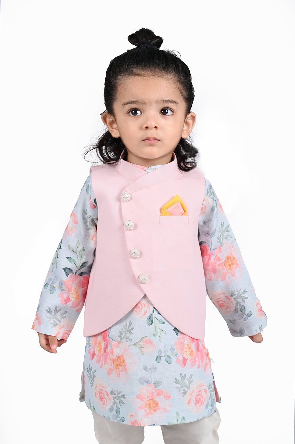 Pink nehru jacket with floral printed kurta and churidar