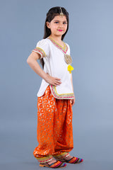 Gota Work Off White Top And Chanderi Embroidered Orange Patiala With Fringes Detailed Attached Dupatta