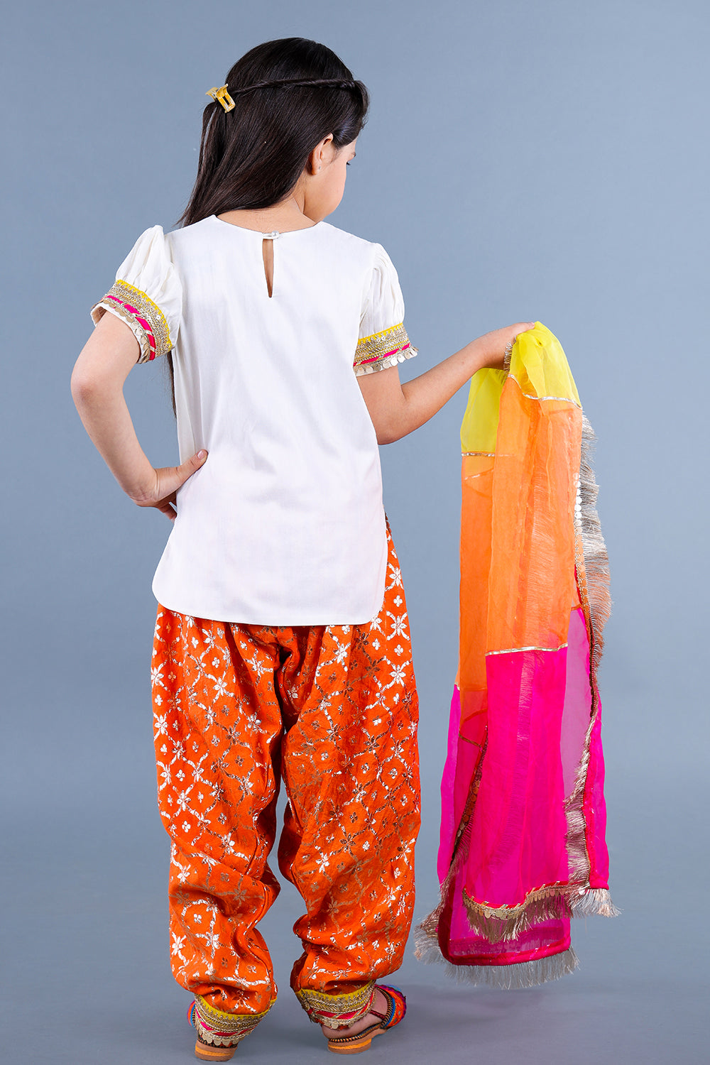 Gota Work Off White Top And Chanderi Embroidered Orange Patiala With Fringes Detailed Attached Dupatta