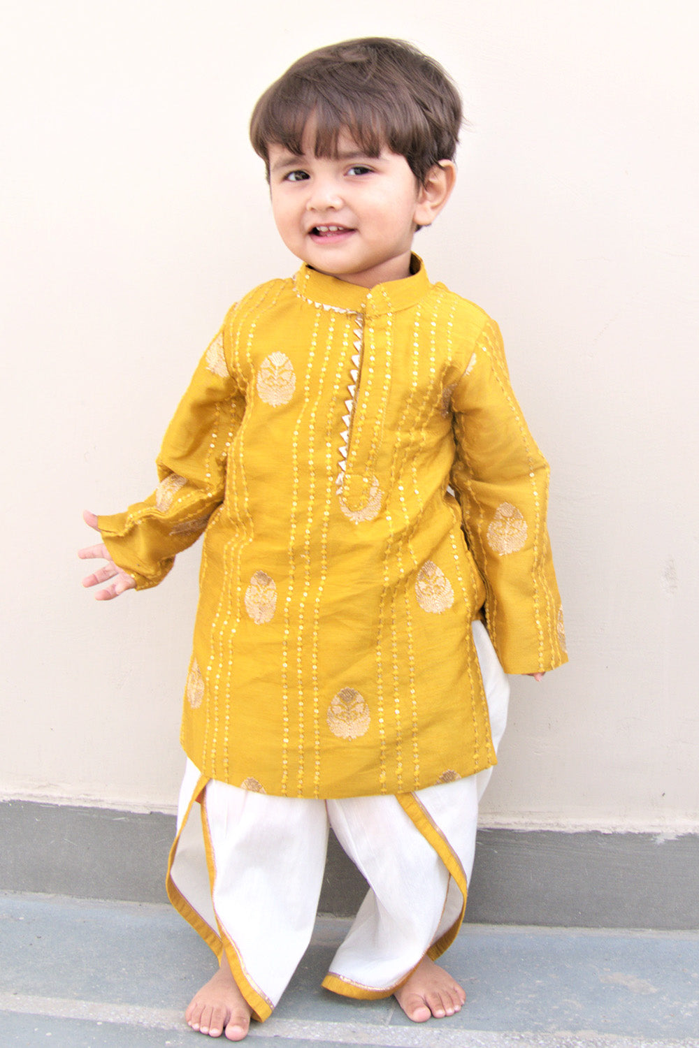 Poly silk yellow kurta And cotton silk dhoti